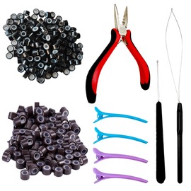 FEXICHUJI Hair Extension Microlink Tool Kit, 1000 Silicone Nano Microbeads, 1 Plier, 1 Pulling Loop Threader, 1 Crochet Hook, 4 Hair Clips, Weft Sew in Extension Kit Tools Accessories for Girls