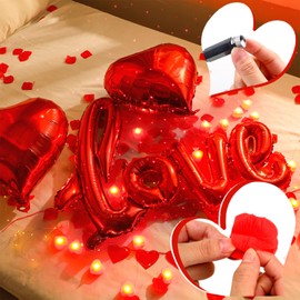 Valentine's Day Decor 2000 Pcs Artificial Rose Petals with 24 Romantic Heart LED Tea Lights Candles 3 Heart Love Sign Foil Balloons for Wedding Anniversary Romantic Special Night Decorations (Red)