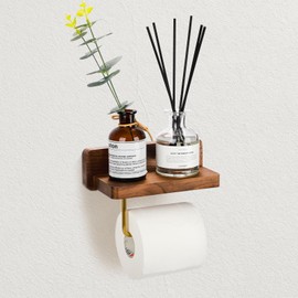 Mayhas Walnut Toilet Paper Holder Wall Mount with Shelf, Wooden Tissue Paper Roll Holder with Brushed Brass Bar, Brushed Gold Bathroom Accessories for Bathroom, Washroom Décor(Smooth Surface, 1 Roll)