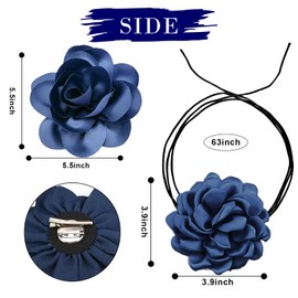Dainty Satin Rose Flower Brooches Flower Choker Necklace for Women Camellia Floral Brooches Lapel Pins Big Rose Floral Chokers for Wedding Dance Dress Clothes Accessories(Blue)