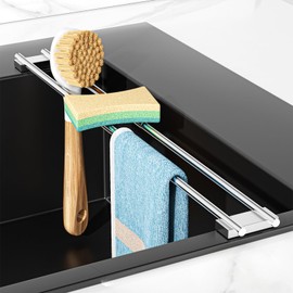 XILIMEN Dish Cloth Holder for Kitchen Sink, Adjustable Over-The-Sink Dish Rag Rack, Metal Kitchen Racks Sink Brush Holder, Drying Rack for Dishcloths, Sponges, Brushes, and Bottles (Sliver)