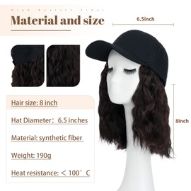 8 Inch Baseball Cap With Hair Extensions BOB Synthetic Hair With Attached Black Hat With One Piece Hair Extensions For Women - Medium Brown