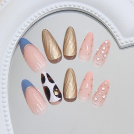 MERVF Press on Nails Almond Medium Blue French Tip Fake Nails 3D Gold Glue ons Acrylic Nail Leopard Vintage Design Supplies Glossy 24pcs