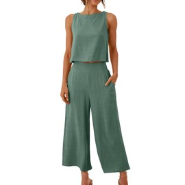 cllios - Conjunto de lino de dos piezas para mujer, pantalones casuales, elegante, sin mangas, pantalones cortos de pierna ancha, ropa de descanso a juego, 03-verde_01, Medium