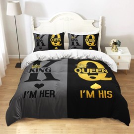 AILONEN His and Her Duvet Cover Set King Size,Grey Black K and Q Crown Printed Bedding Set Decor,Couple Love Breathable Microfiber Comforter Cover 3 Piece,1 Duvet Cover with 2 Pillowcases