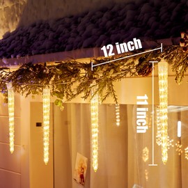 Christmas Icicle Lights Outdoor, 19.8ft Meteor Shower Lights with 10 Large Tube 240 LED Dropping Lights Effect, Falling Crystal Christmas Decorations for House Eave Roofline, Warm White