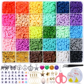 7000pcs Clay Beads Bracelet Making kit by ProPinz™, 28 Colors Round Polymer Heishi Clay Beads Set with Charms and Essential Accessories, for Bracelet Necklace Earring DIY with Letter Beads for Kids