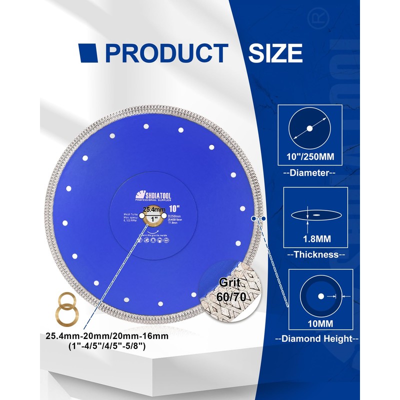 SHDIATOOL 10-Inch Diamond Saw Blade Cutting Disc for Porcelain Tile