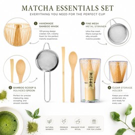 Bamboo Matcha Whisk Set for Tea Making – 4-Piece Chasen Kit with Scoop, Strainer & Holder for Home Use
