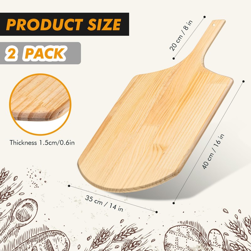 Bokon 2 Pack Wooden Pizza Peel, 16 x 14 Inch