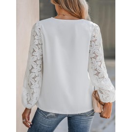 CUPSHE Women Lace Elegant Blouse Long Sleeve Eyelet V Neck Dressy Party Floral Tops Scalloped V Neck Casual Loose Fashion Shirts S White