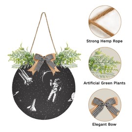 Oyihfvs Astronaut Rockets in Universe Space On Black Door Hanging Sign, 12" Merry Christmas Front Plaque Board Round Wreath for Daily Holiday Welcome Home Garden Yard Wall Pediments