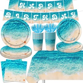 Beach Party Supplies, 142Pcs Ocean Waves Birthday Party Supplies Tableware Set Summer Pool Party Decorations Plates,Cups,Napkins,Banner,Tablecloth for Hawaiian Party Birthday Decorations | CMUSKO