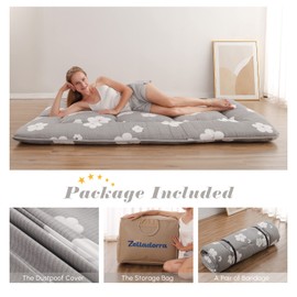 Zelladorra Japanese Floor Mattress, Futon Mattress with Portable Storage Bag, Roll Up Mattress Thick Tatami Mattress Suitable for Camping, Guest Room, Grey Cotton, Queen