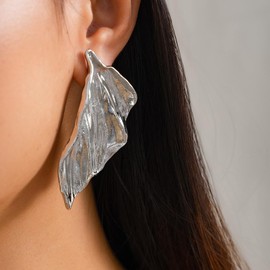 Octwine Vintage Statement Leaf Asymmetric Earrings Silver Gold Boho Chunky Earrings Dangling for Women Stud Earrings Chandelier Statement Earrings Sparkly Simple Earrings for Women, Large, Metal, No
