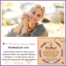 Wisedawn Amethyst Bead Silver Bracelet for Women, Unique Christmas Gift Ideas Stocking Stuffers, Healing Nature Stone Purple Stress Relief Inspirational Gift for Women Wife Mom, Jewelry for Women