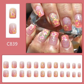 Short Flower Press on Nails Square Pink Fake Nails with Floral Design Spring False Nails Cute Daisy Artificial Nails Sparkly French Tip Nail Glossy Glue on Nails Blossom Stick on Nails for Women 24Pcs