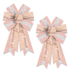 2 Pack Christmas Wreath Bows Christmas Decor Bows Glitter Pink Strip Words Ribbon Bows for Wreath, Xmas Tree Topper Bows for New Year Party Decoration Home Indoor Outdoor Wreath Ornament Supplies