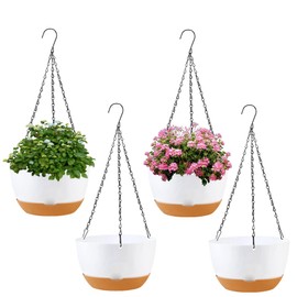KPUVX 4 Pack Plastic Hanging planters for Indoor Plants,8 Inch Plant Pot Indoor Outdoor Hanging Baskets,Hanging Flower Pots with Drainage Holes and Chain for Garden Porch Plants(White)