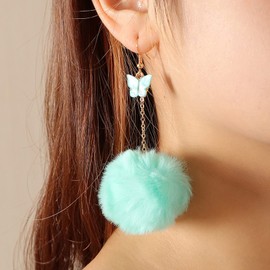 Pom Pom Earrings for Women Butterfly Pom Pom Pendant Earrings Luxry Faux Fur Ball Dangle Earrings Cute Plush Ball Earrings Holiday Earrings for Christmas Gifts(Green)