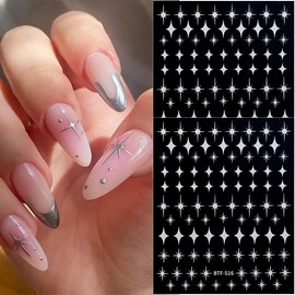 8 Sheets Star Nail Stickers for Nail Art Black White Gold Silver Stars Nail Art Stickers 3D Self-Adhesive Celestial Nail Decoration Holiday Nail Decals for Women DIY Manicure Nails Decoration