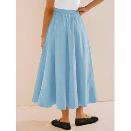 Yousify Women’s A-Line Midi Skirts Casual Elastic High Waist Flowy Swing Pleated Beach Boho Long Skirt with Pocket Light Blue