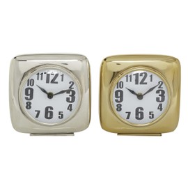Deco 79 Aluminum Metal Decorative Clock Mantel Clock, set of 2 Tabletop Clock 6" x 3" x 6", Multi Colored