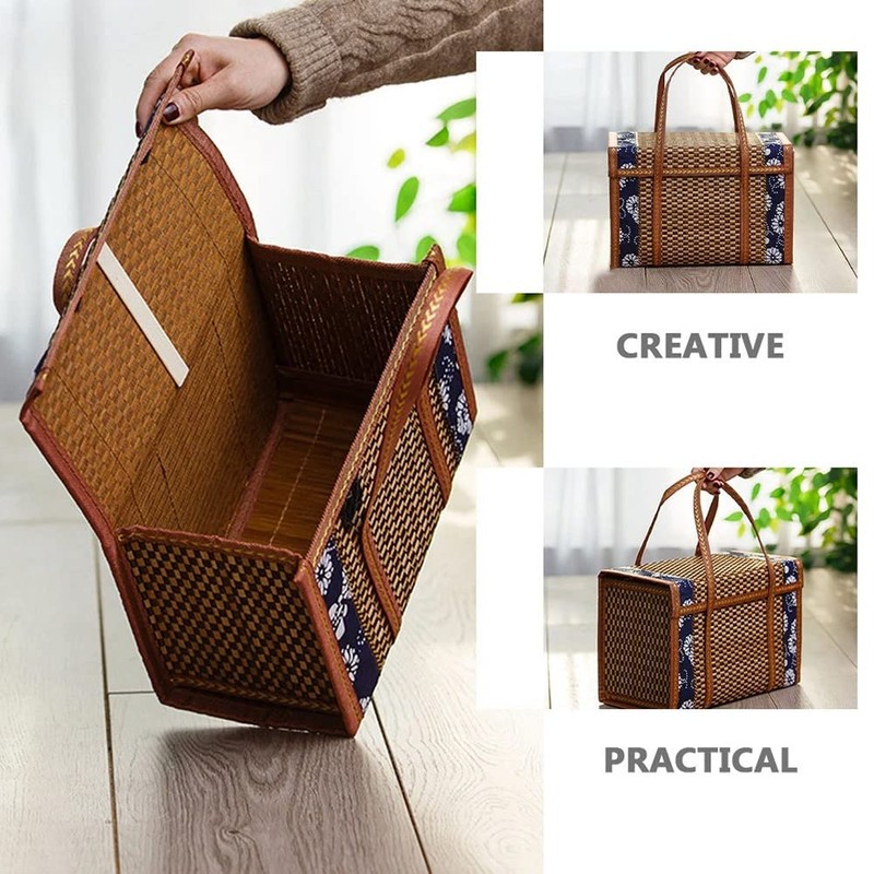 Lobamop Picnic Woven Basket Wicker Storage Bag Handle Folded Fruit
