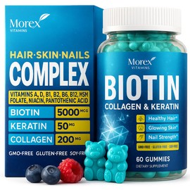 Biotin Gummies with Collagen & Keratin - Hair Growth Support, Skin and Nail Strength Vitamins for Women & Men - Vitamin B7 + B-Complex, MSM, Bamboo Extract - Beauty Chew Supplement - 60 Gummy Bears