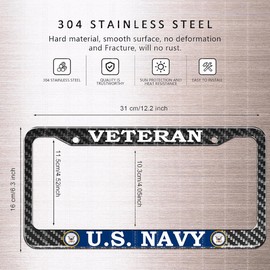 Carbon Fiber Veteran License Plate Frames for US Navy,Black Aluminum Front and Rear License Plate Holder for USN,Universal Plate Covers with Stainless Steel Screws Bolts, Caps (1PC)