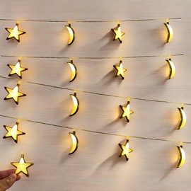Ramadan Lights Indoor Decor String Lights Ideal for Ramadan Eid Decor Special Occasion Moon Star LED Lights USB Festive Party Safe Cool Lights Decor Party Festival Decorations 20PCS/Set (Gold-WW)