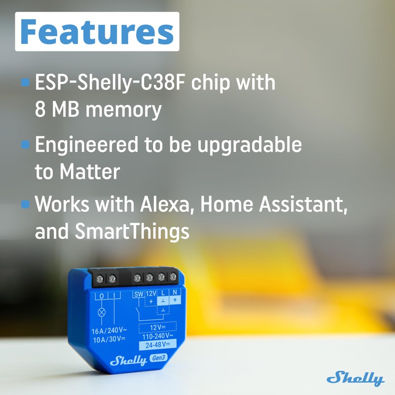 Shelly 1 Gen3, WiFi Smart Relay Switch with Dry Contacts,