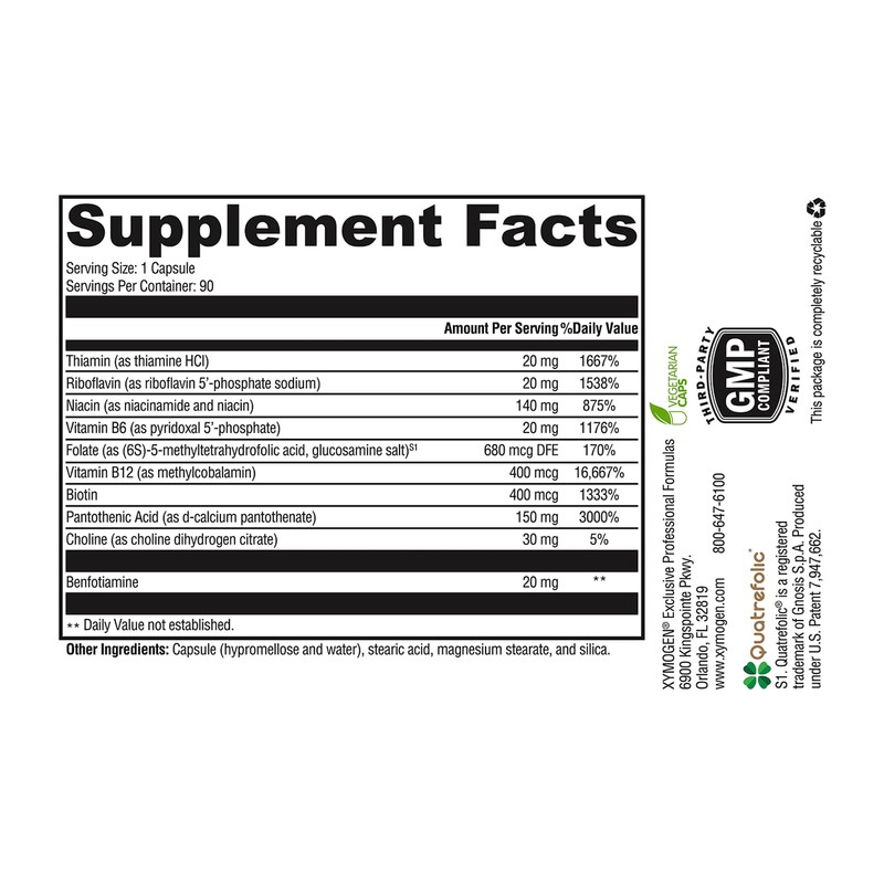XYMOGEN B Activ Vitamin B Complex with Benfotiamine, Methylfolate, Biotin,