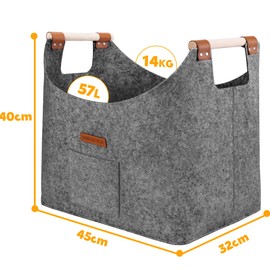 XL firewood basket felt basket extra thick felt and reinforced handle | Foldable wood basket felt bag for shopping, wood, newspaper or firewood (dove grey)