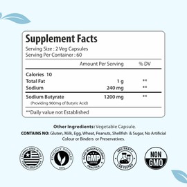 ForestVibe Sodium Butyrate Supplement 1200mg, Yielding 960mg Butyric Acid, 120 Vegan Capsules, 2 Month Supply, Non-GMO & Gluten Free Postbiotic Supplement