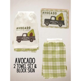 Cyndebabe's Avocado Kitchen Towels & Box Sign Gift Set Green & White Cotton Farmhouse Rustic