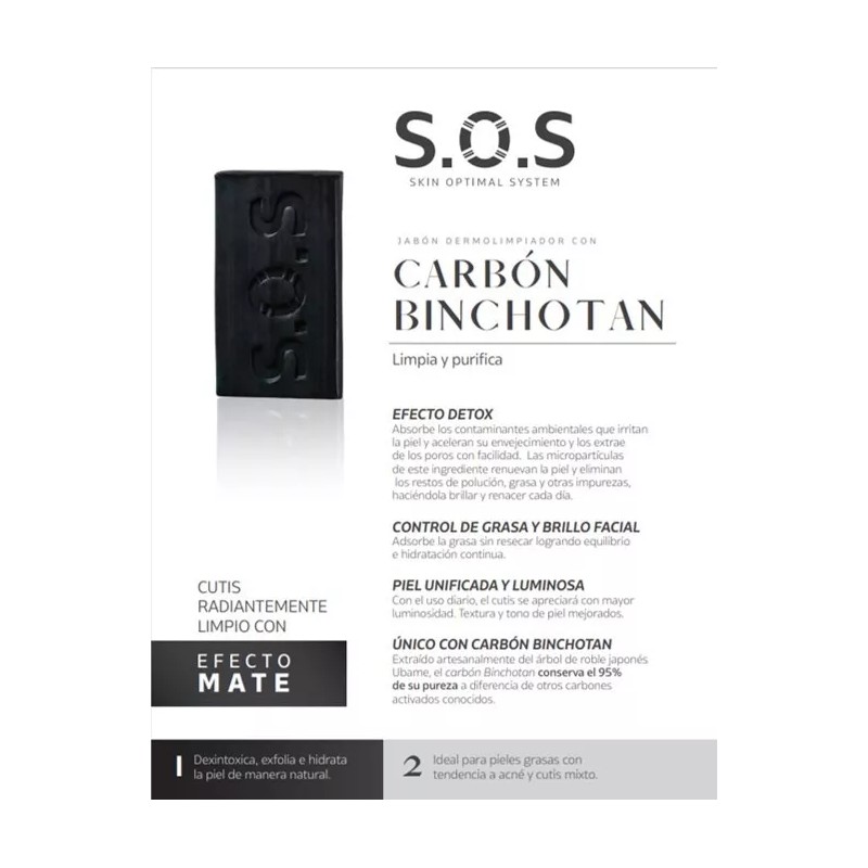 S.O.S SKIN OPTIMAL SYSTEM Jabón Carbón Japonés Binchotan,puntos Negros,brillo,acné 90g