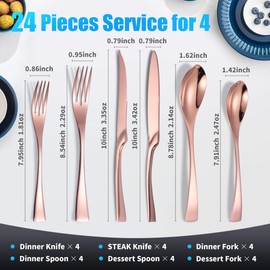 Lemeya 24-Piece Rose Gold Silverware Set with Steak Knives,Forged 18/10 Stainless Steel Cutlery Set for 4,Modern Heavy Duty Flatware Utensils Set,Forks Spoons and Knives Set,Dishwasher Safe