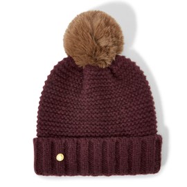 KATIE LOXTON Womens One Size Fits Most Chunky Knit Faux Fur Pom Hat in Plum
