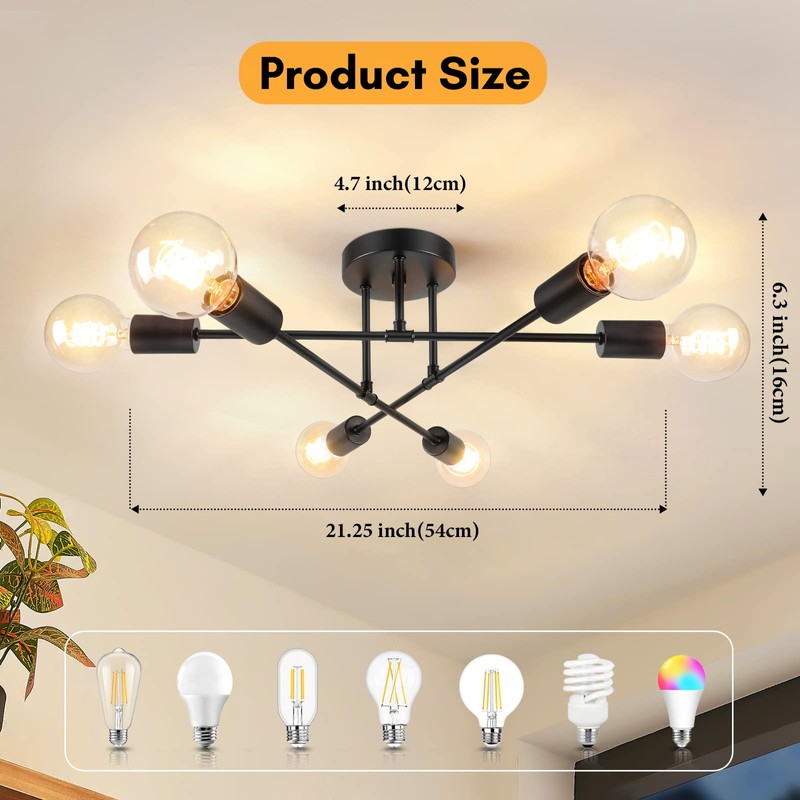 Modern Sputnik Chandelier 6-Light Industrial Ceiling Lights Fixture 22" Black