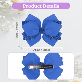 2 Pcs Royal Blue Bow, 4 Inch Royal Blue Hair Bow Hair Accessories Sparkly Glitter with Alligator Clips, Prom Accessories for Teen Girls Heerleader Dance Party Dress Decor Gifts