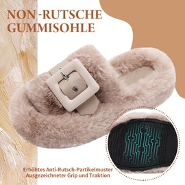 Pelbiuqik Slippers Women's Plush Warm Winter Non-Slip Comfortable Big Buckle Memory Foam Mules, Fluffy Slippers Soft Slippers Winter Shoes Slippers Women, Milk Tea Color