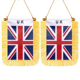 CANTENDO 2 Pack UK United Kingdom Window Hanging Flag,Mini British Car Flag with Pole Tassel Suction Cup Rearview Mirror Decoration(3x5 Inch)