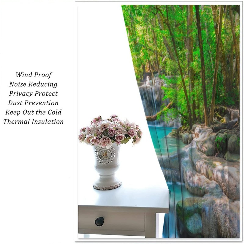 Waterfall Curtains, Spring Forest Nature Landscape Theme Pattern Print, Bedroom