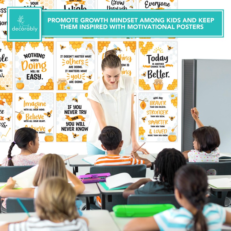 Decorably 15 Motivational Bee Posters for Classroom, 11x14in Matte-Laminated Inspirational