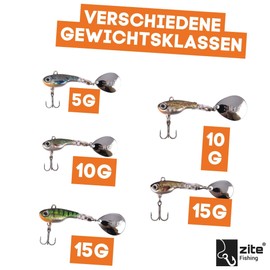 Zite Fishing Jigspinner Set Fischform | 5 Stück Spin Jigs 5g 10g 15g | Spinnerköder für Barschangeln Zanderangeln Hecht | Realistische Raubfischköder | Inklusive Tackle-Box (Natur 5-15g)
