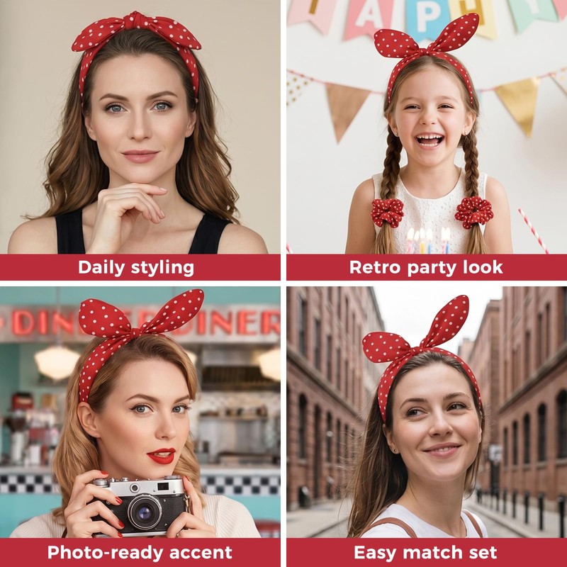 Red Polka Dot Headband and Hair Ties for Women 50s