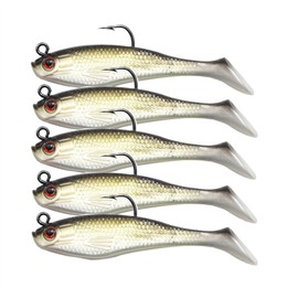 WUWYOUWL Fishing Lure Set, 5Pcs 8cm Soft Bait Head Sea Fish Lures Fishing Tackle Sharp Treble Hook T Tail Artificial Bait (Golden)