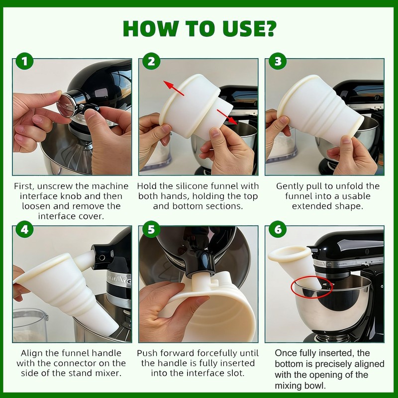 LeLehome Foldable Flour Funnel for Kitchen Aid Mixer, Silicone Powder
