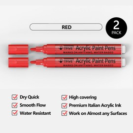 TFIVE Red Paint Marker Paint Pens - 2 Pack Acrylic Permanent Marker, 2-3mm Medium Tip, Paint Pen for Art Projects, Drawing, Rock Painting, Ceramic, Glass, Wood, Plastic, Metal, Canvas DIY Crafts